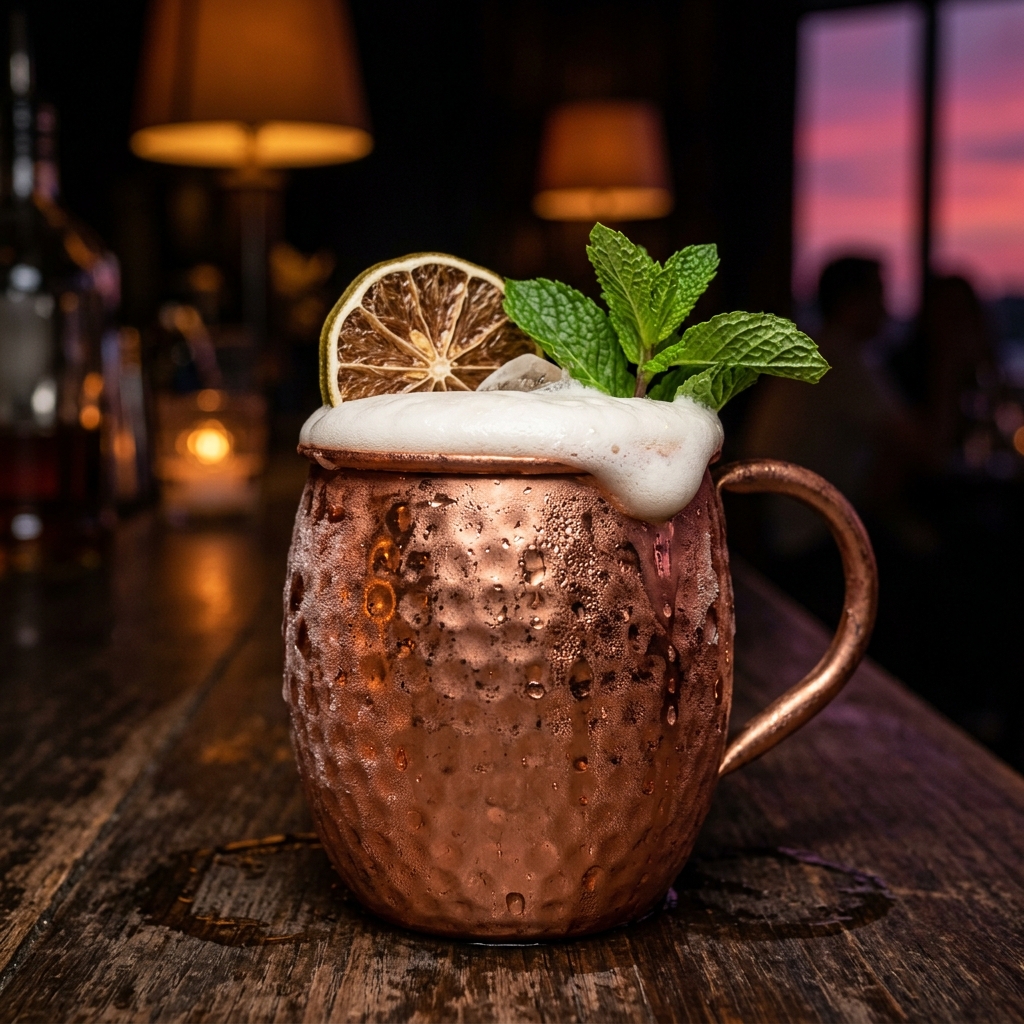 Moscow Mule na chopeira com espuminha de gengibre servido na caneca de cobre